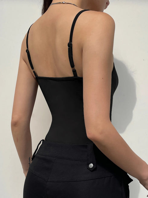 Sleeveless Skinny Shirring Spaghetti Strap Bodysuit for Women Vacation Camisole